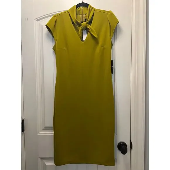 NWT NY & C Women’s Cap Sleeve Tie Neck Sheath Dress Office Career Size L Green - Picture 1 of 5